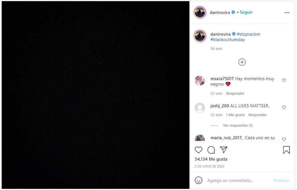 Publicación del actor Dani Rovira en Instagram en el que aparece un fondo negro, como muestra de repulsa en redes sociales a los ataques xenófobos en EEUU.