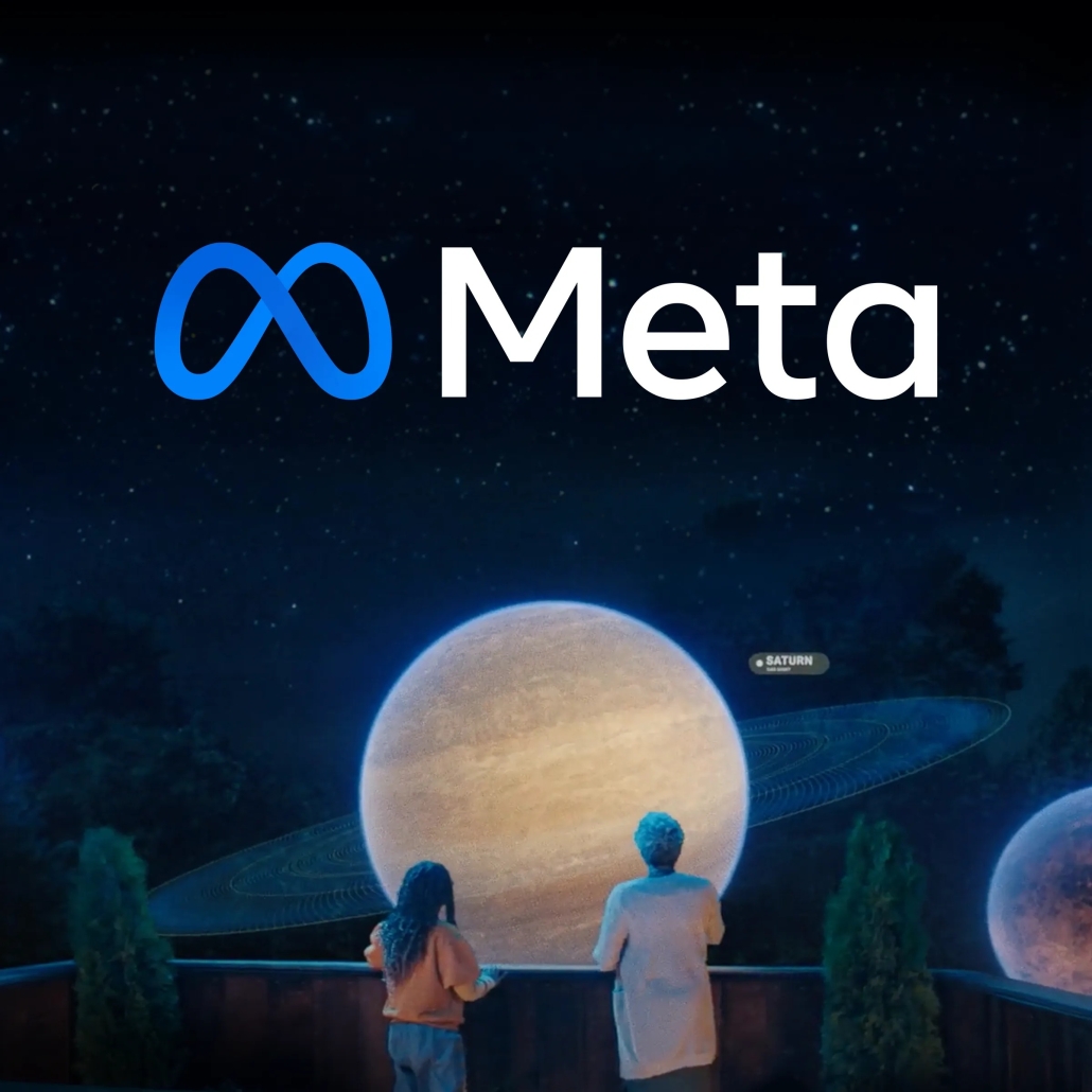 Imagen con el símbolo de Meta y dos personas mirando un planeta. Meta es el Facebook nuevo